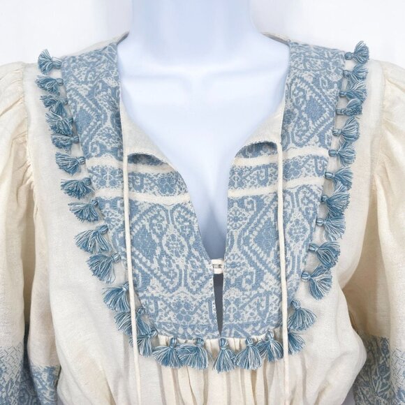 Zimmermann Helm Split Neck Jacquard Fringe Tassel Linen Lace Mini Dress - Picture 9 of 12